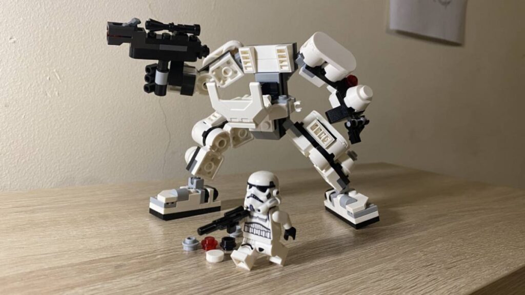 The Stormtrooper Mech posed with the cabin open. The Stormtrooper minifigure is in front.