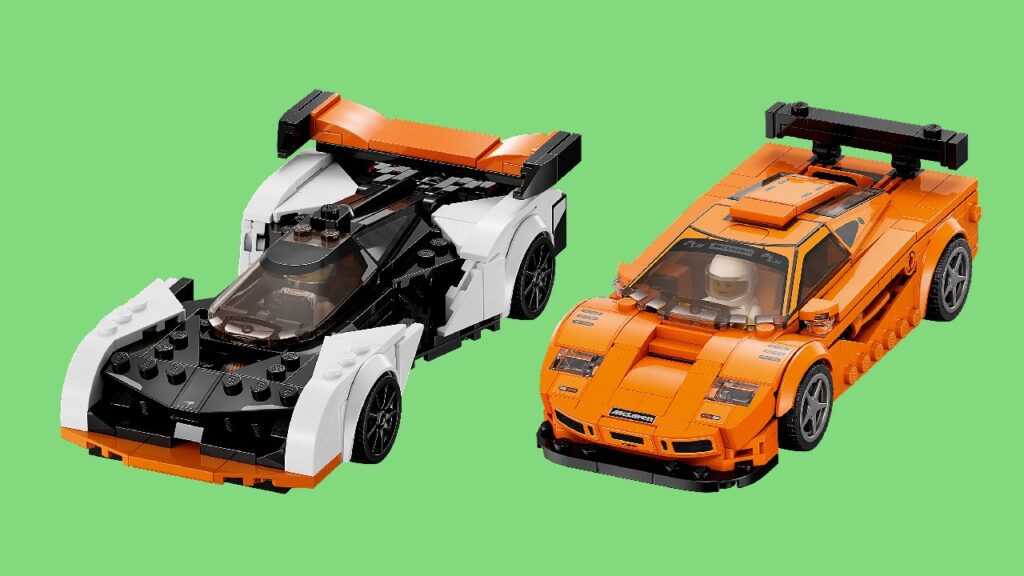 The LEGO Speed Champions McLaren Solus GT & McLaren F1 LM against a green background.