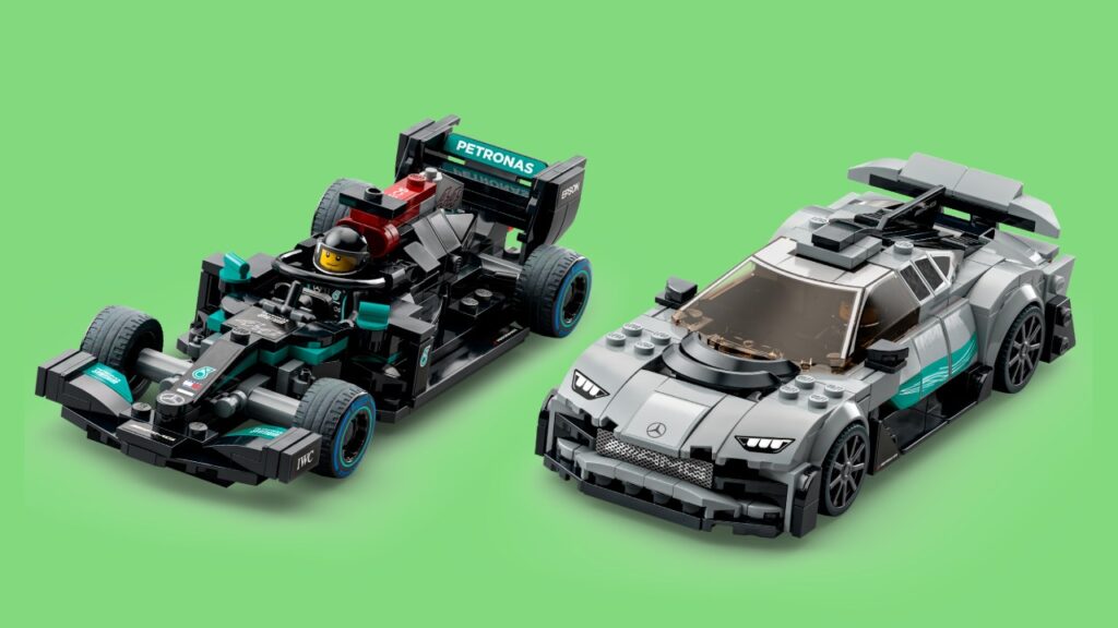 The LEGO Speed Champions Mercedes-AMG F1 W12 E Performance and AMG Project One against a green background.