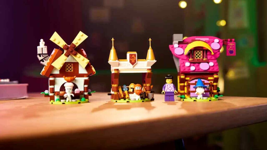 A close-up of the three buildings in the Dream Village LEGO set.