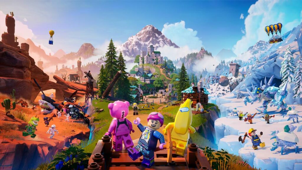 A promotional image of the LEGO Fortnite collaboration. LEGO figures are amid the Fortnite map.