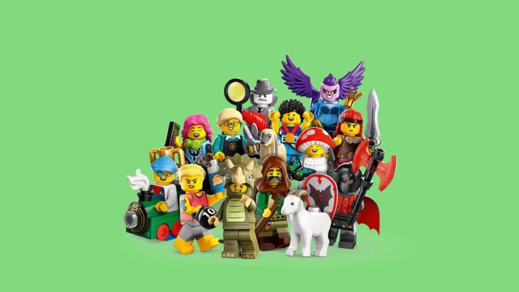 Each of the twelve LEGO Minifigures Series 25 against a green background.