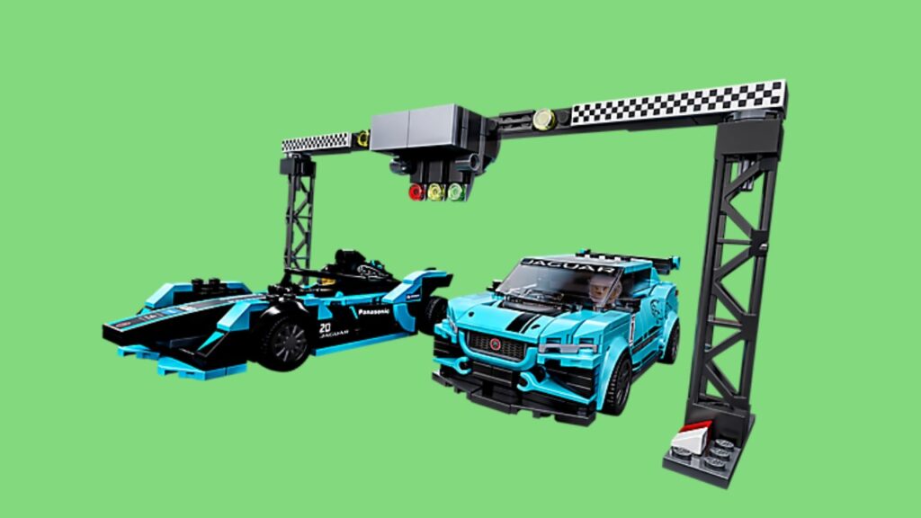 The LEGO Speed Champions Formula E Panasonic Jaguar against a green background.