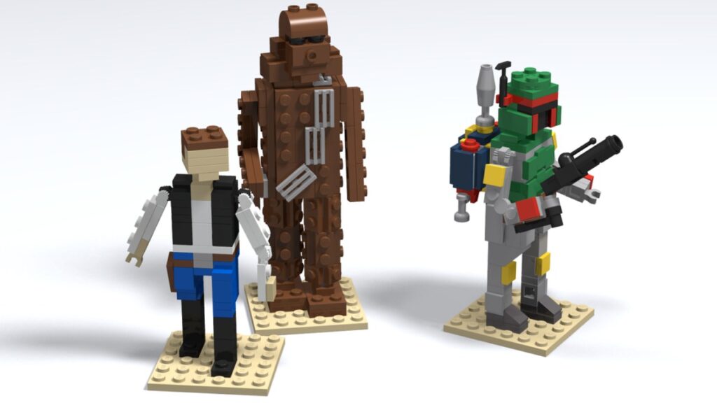 A close-up of the LEGO Miniland figures: Han Solo, Chewbacca, Boba Fett.
