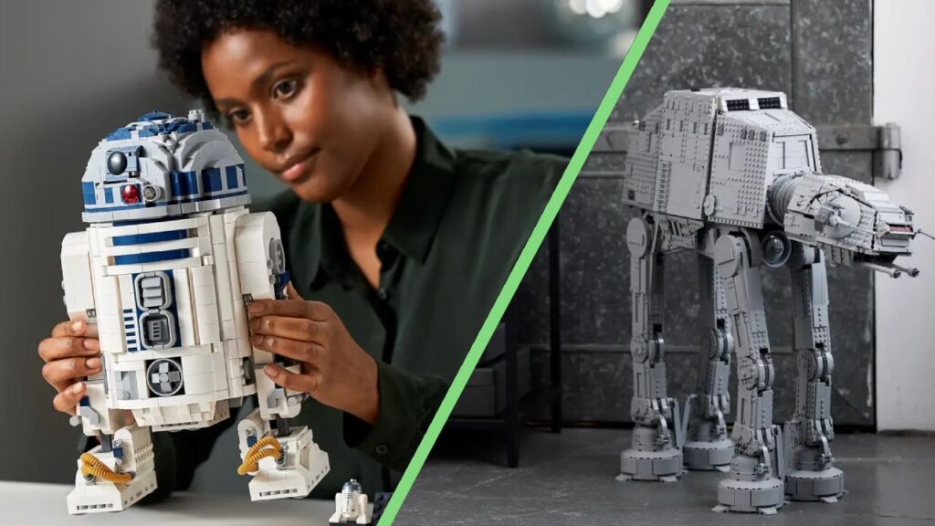 A LEGO bulider holds an R2D2 lego set in their hands. On the right is an At-AT