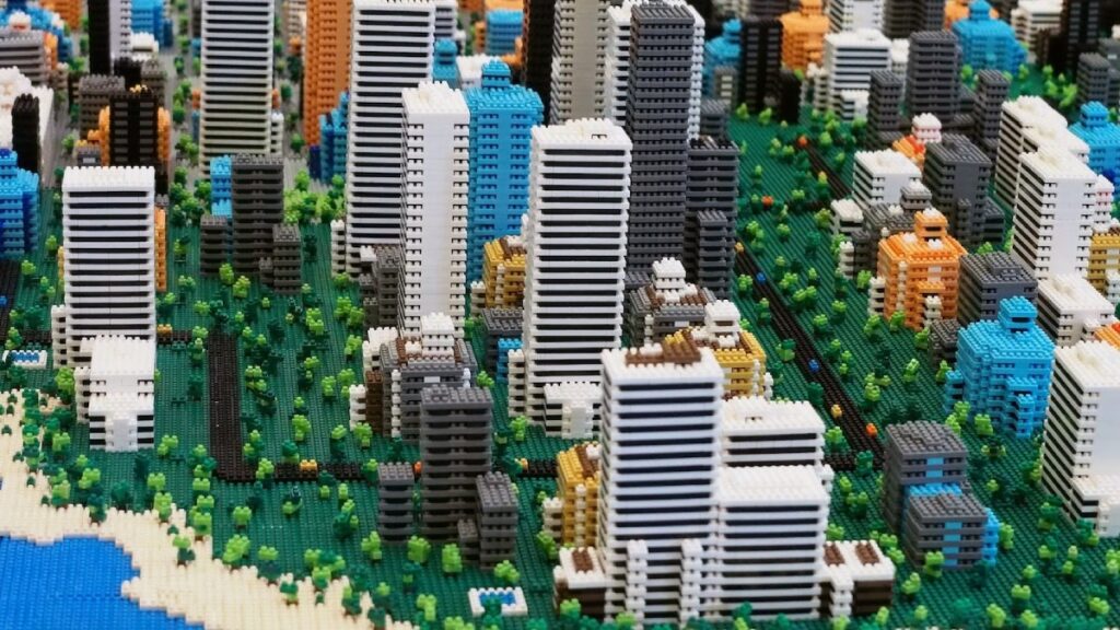 A close-up shot of a city built out of Nanoblocks. The attention to detail is very acute.